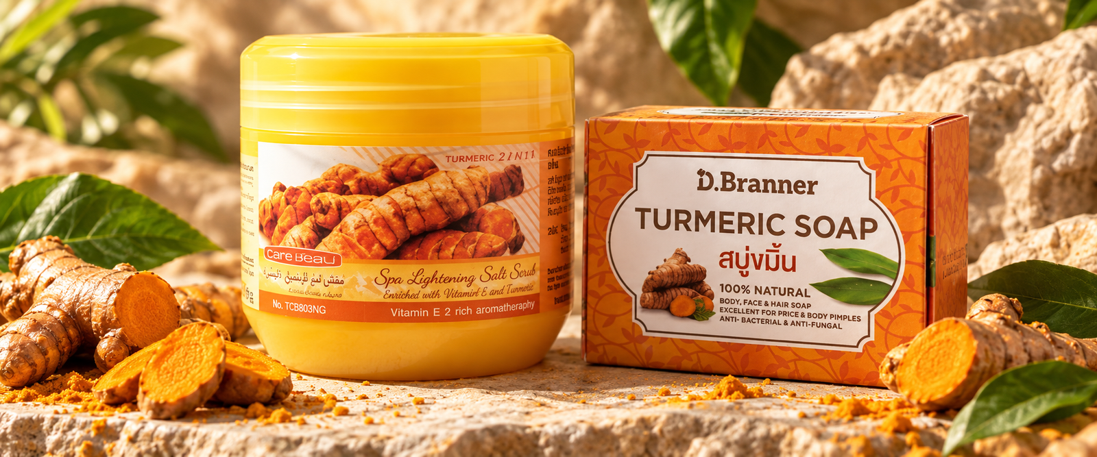 Turmeric soap and body scrub with golden botanical ingredients
