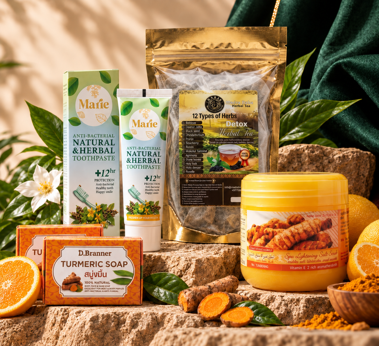 Marie toothpaste, body oil, turmeric soap and body scrub arranged with botanical leaves